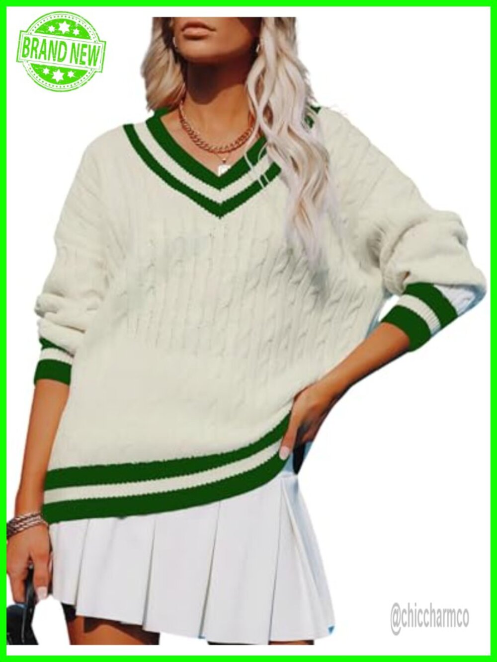 Women's V-Neck Long Sleeve Striped Cable Knit Sweater, Preppy Pullover